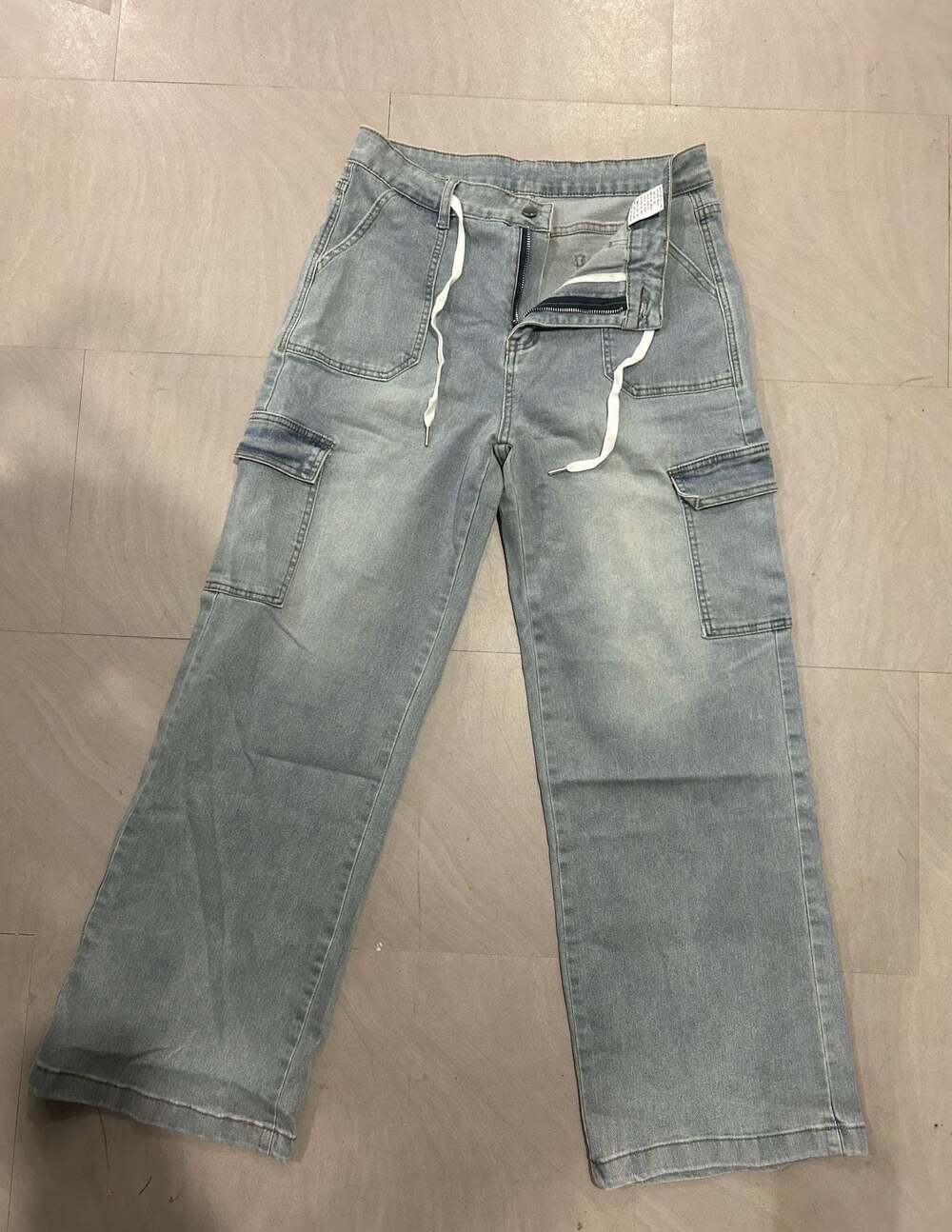 Light Wash Baggy Carpenter Cargo Jeans with Drawstring Waist